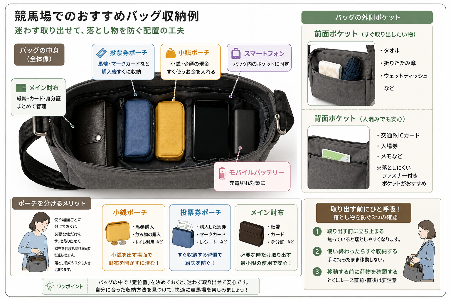 競馬場で落とし物を防ぐためのバッグ収納例