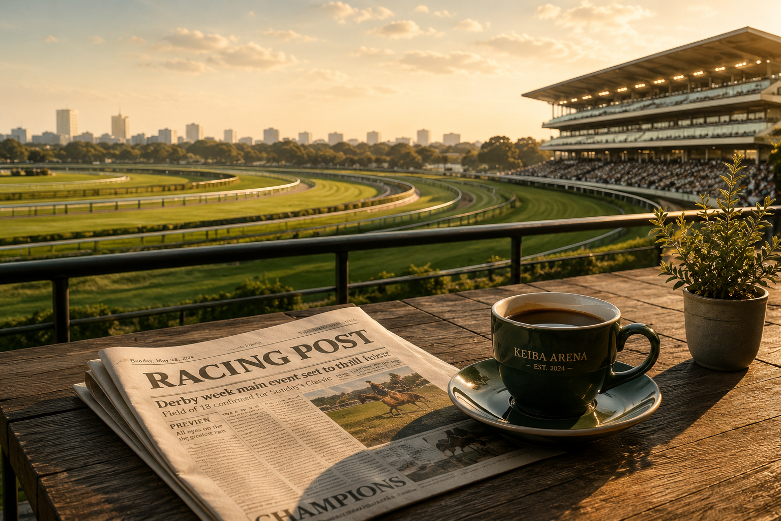 朝の競馬場のテラス席で、コーヒーと競馬新聞を楽しむイメージ