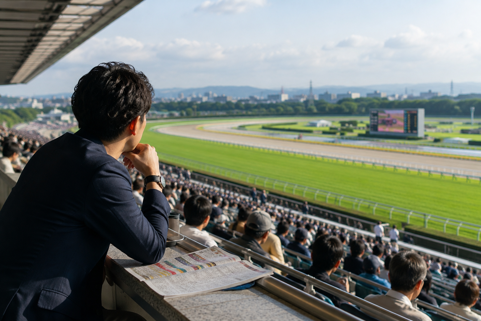 競馬場でスマートフォンを確認するイメージ